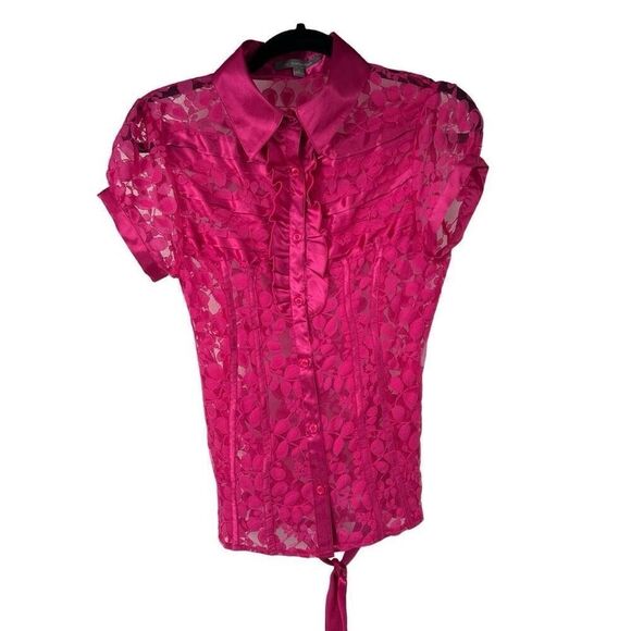 NY Collection Hot Pink Lace Ribbon Detail Short Sleeve Button Up Top Sz M Women - Picture 1 of 6